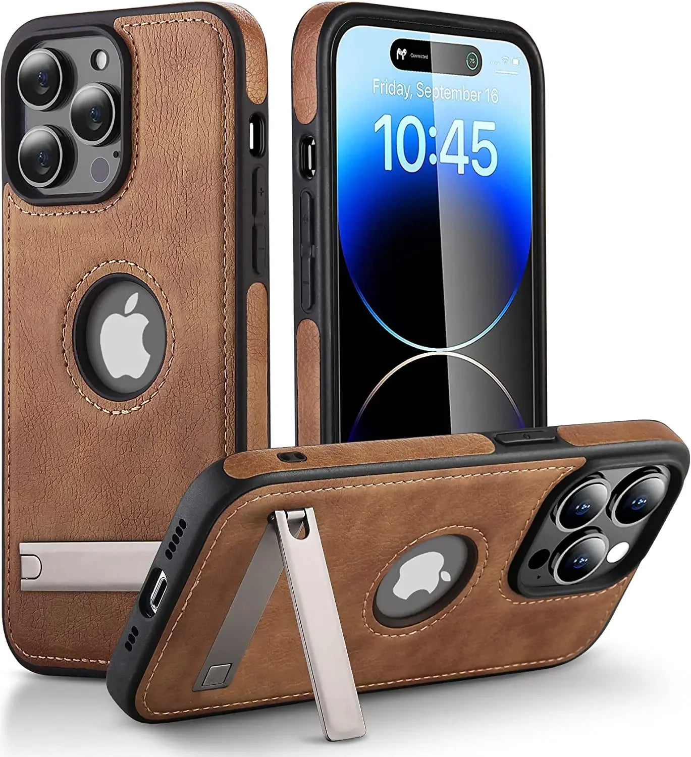 Leather Kickstand Phone Case for iPhone 15 / 13 Pro Max / 14 Plus / 12 / 11 – Shockproof, Flexible, Soft-Grip Luxury Back Cover