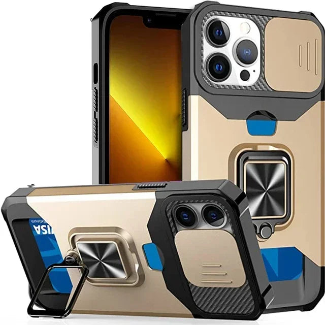 Rugged Protective Case for iPhone 17/16/15/14/13/12 Pro/Max/Plus/8/7 Plus Mini — Sliding Camera Shield & Card Holder Clip