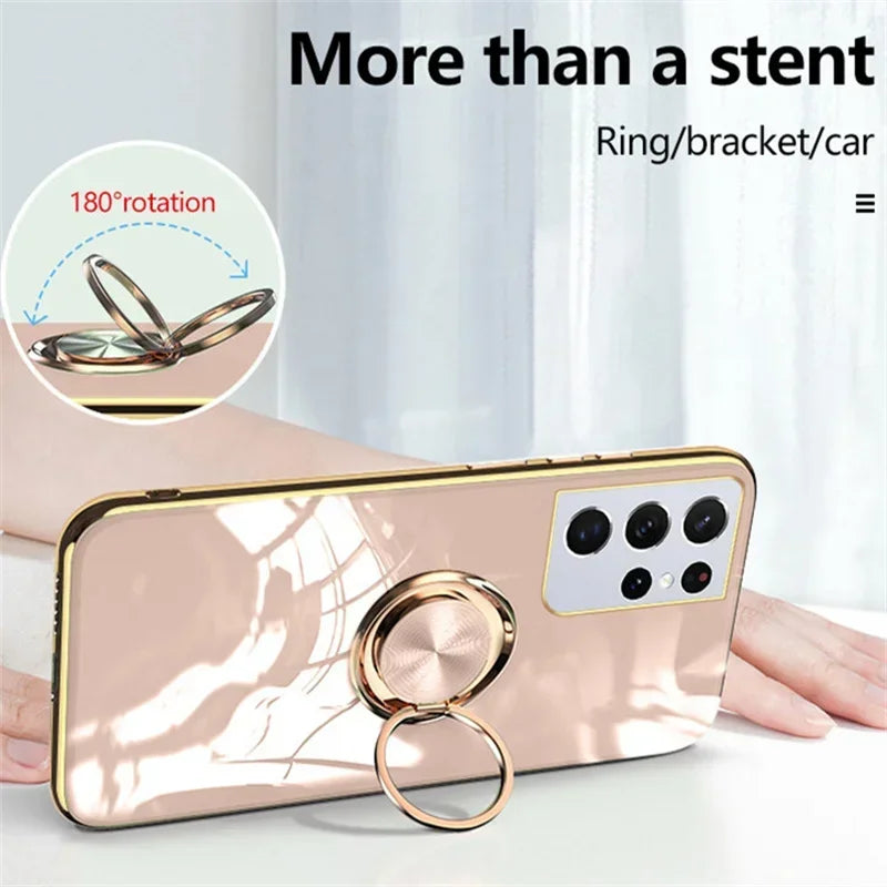 Plated Ring Holder Protective Case for Samsung Galaxy S25 Edge / S24/S23/S22/S21/S20 FE / Note 20 Ultra (Shockproof)
