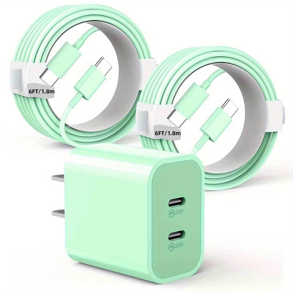 Phone 17/16/15/Charger Set – 2-Pack 40W Dual-Port USB-C Block + 2 x 6 ft USB-C Cables (iPad Pro compatible)