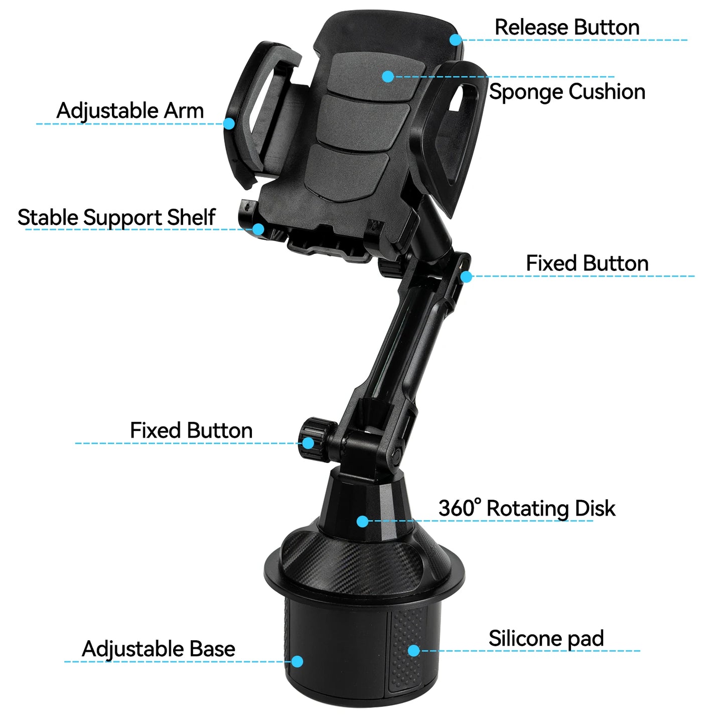 Universal 360° Car Phone & Cup Holder Stand – Support for Smartphones, Bottles, Long Mount, In-Car Mobile Bracket Accessories