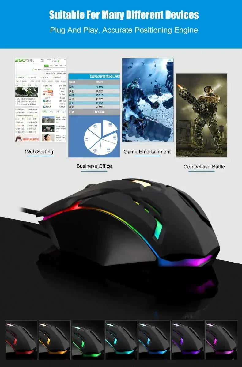 Ergonomic Wired Gaming Mouse — USB RGB Mause with LED Buttons, Silent for PC/Laptop