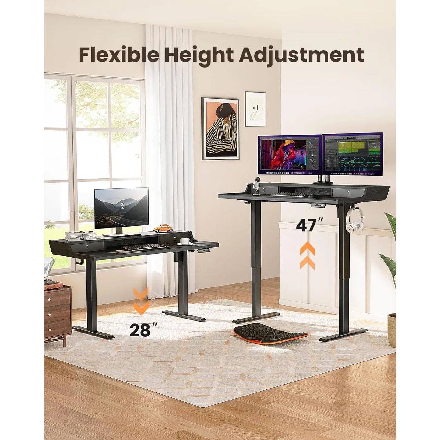 Electric Standing Desk with Drawers – 40" x 24" Small Gaming Desk | Monitor Stand Compatible | 4 Preset Heights | Black