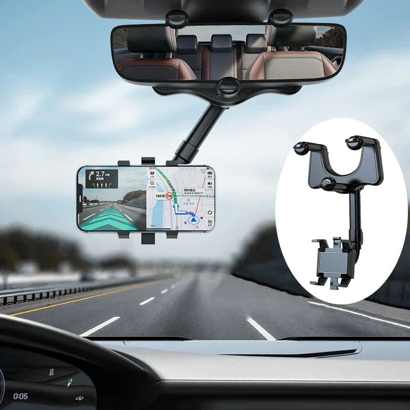 360° Rotation Rearview Mirror Phone Mount – Stable Gripper Car Bracket for GPS/Navi, Compatible with iPhone, Samsung, Xiaomi