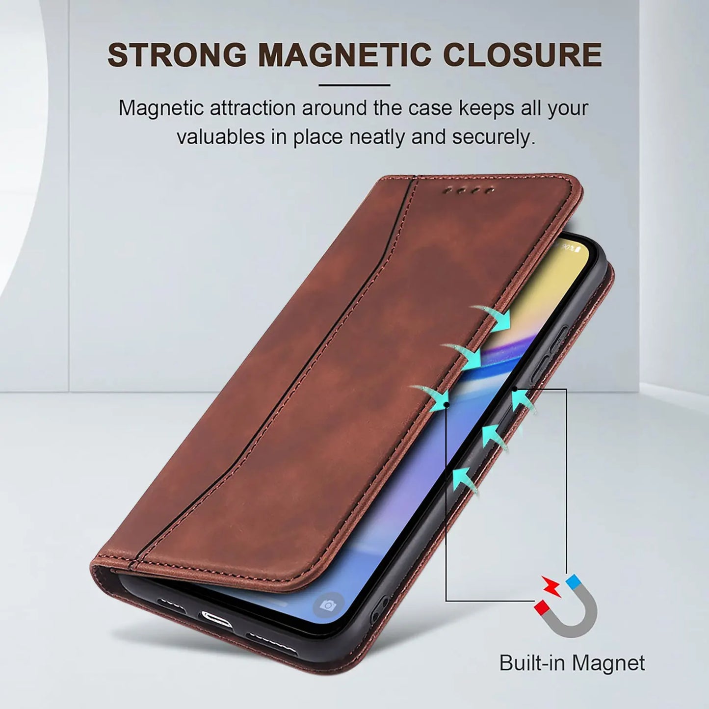 Brown Leather Flip Wallet Case for Samsung Galaxy A14 4G / 5G – Rugged Magnetic