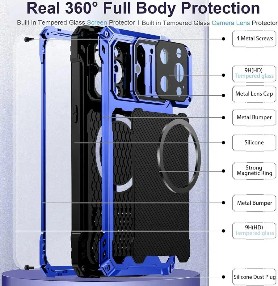 Aluminum Magnetic Shockproof Case for iPhone 16/15/Plus/14 Pro Max — Heavy-Duty Armor Cover with Screen Protector, Lens Stand
