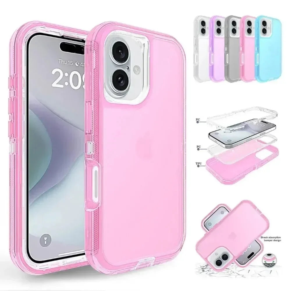 3-in-1 Hybrid Armor Phone Case for iPhone 16E/16/15/14/Plus/13/12/11 Pro Max | Shockproof Rugged Protection Cover