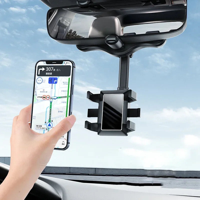 360° Rotation Rearview Mirror Phone Mount – Stable Gripper Car Bracket for GPS/Navi, Compatible with iPhone, Samsung, Xiaomi