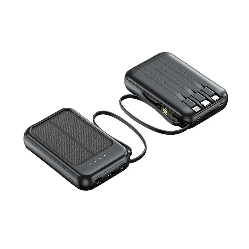 High-Capacity Fast Charge Power Bank 10000mAh – 3 Integrated Cables, Outdoor Portable Charger with Solar Cells, Mini External Battery Pack