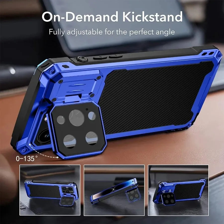 Aluminum Magnetic Shockproof Case for iPhone 16/15/Plus/14 Pro Max — Heavy-Duty Armor Cover with Screen Protector, Lens Stand