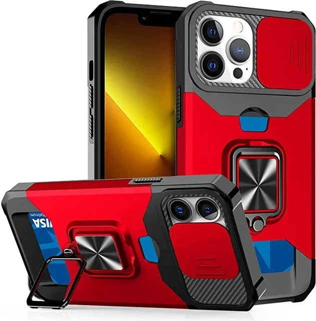 Rugged Protective Case for iPhone 17/16/15/14/13/12 Pro/Max/Plus/8/7 Plus Mini — Sliding Camera Shield & Card Holder Clip