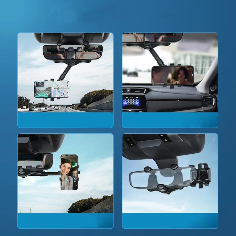 360° Rotation Rearview Mirror Phone Mount – Stable Gripper Car Bracket for GPS/Navi, Compatible with iPhone, Samsung, Xiaomi