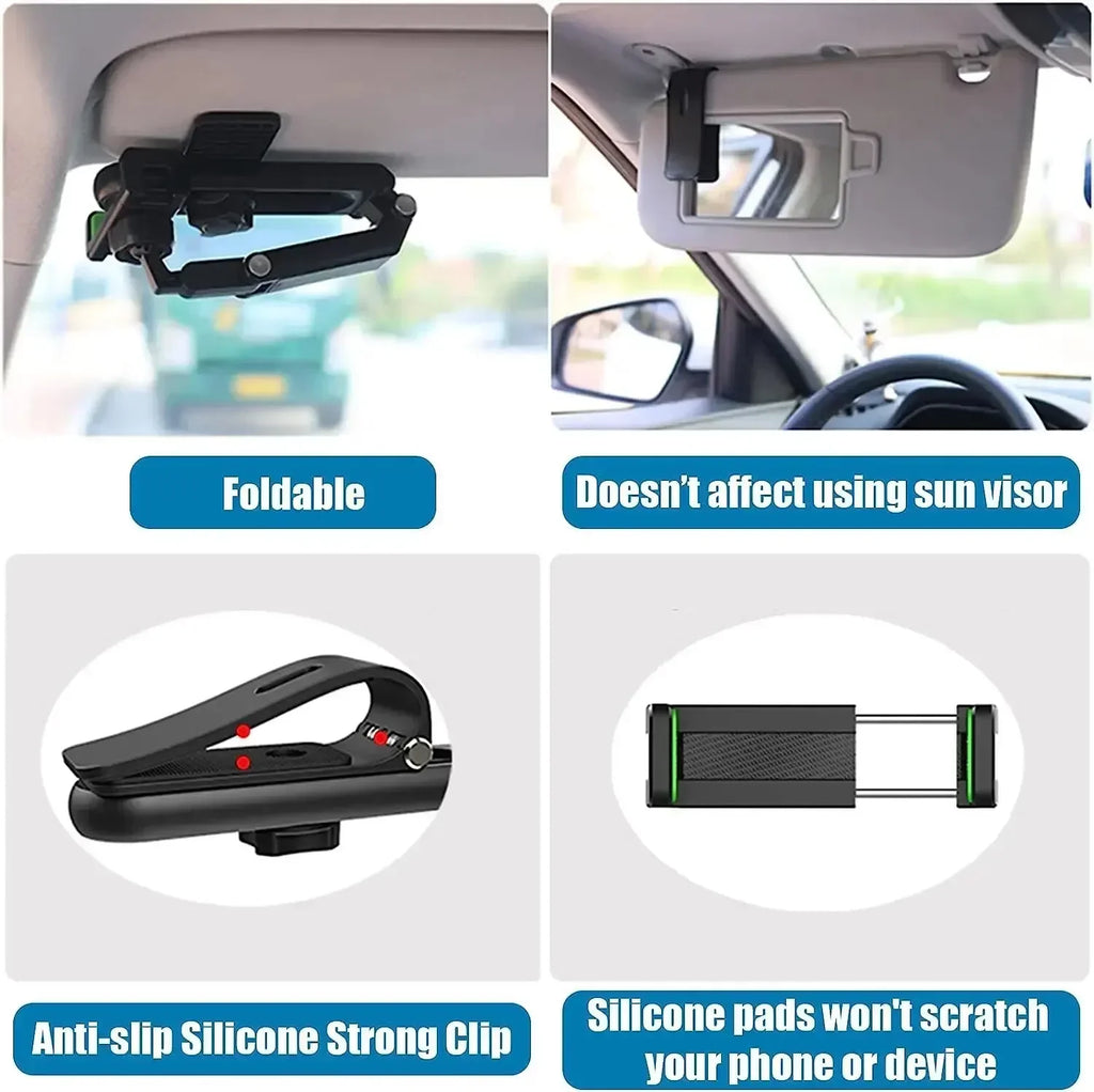 360°-Rotating Sun Visor Car Phone Clip Holder – Installation-Friendly Bracket for GPS & Mobile Devices, Vehicle Mount