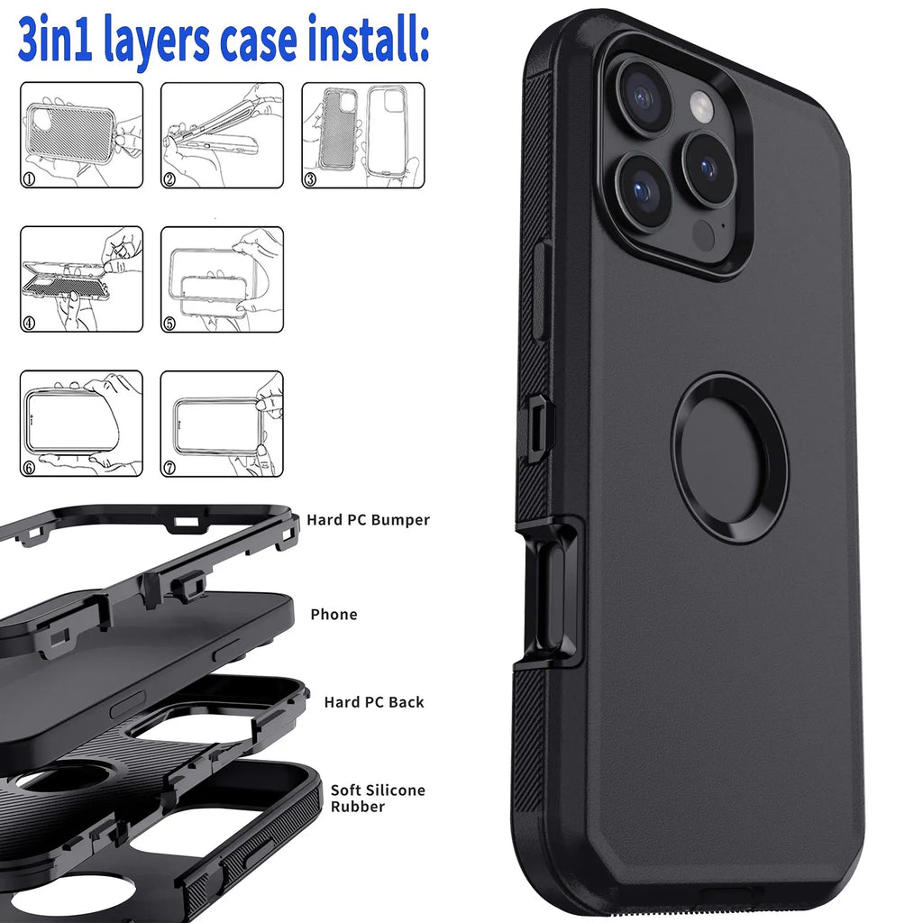 Black Heavy Duty Shockproof Phone Case for iPhone 16 Pro Max / 16 Plus / 16 Pro
