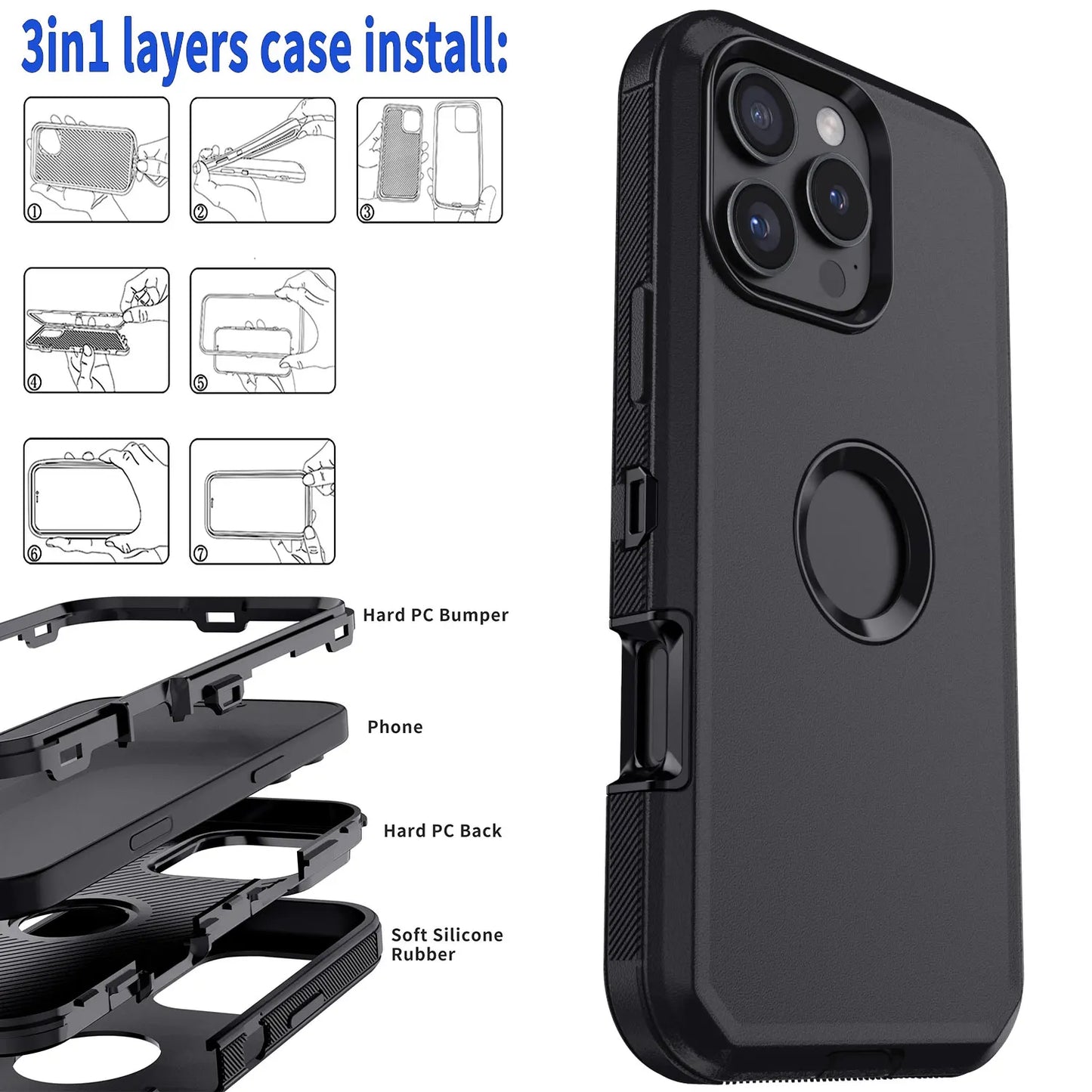 Black Heavy Duty Shockproof Phone Case for iPhone 16 Pro Max / 16 Plus / 16 Pro