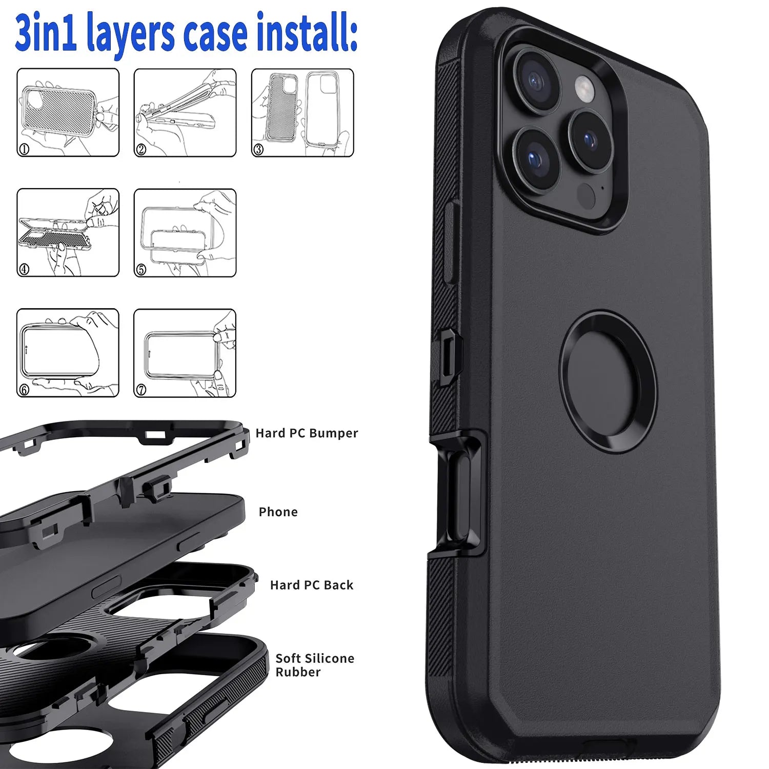 Black Heavy Duty Shockproof Phone Case for iPhone 16 Pro Max / 16 Plus / 16 Pro