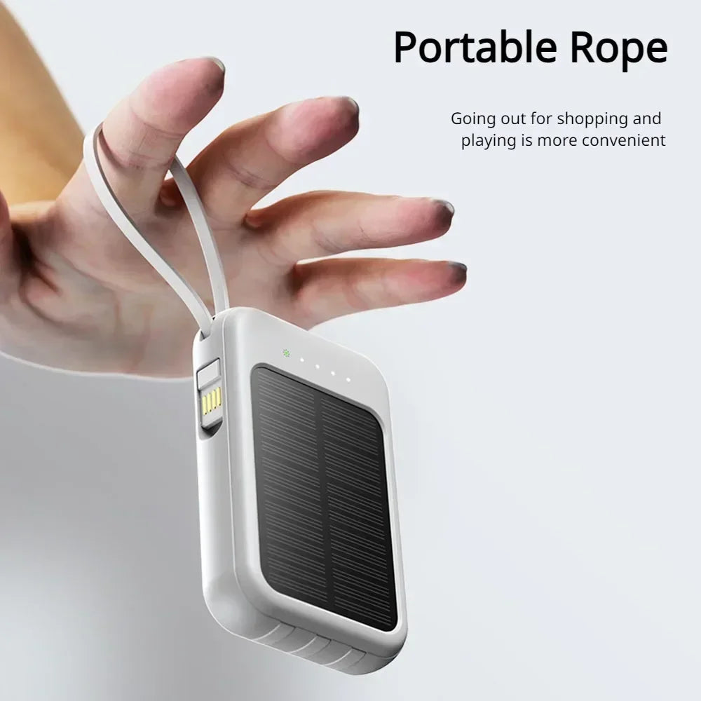 High-Capacity Fast Charge Power Bank 10000mAh – 3 Integrated Cables, Outdoor Portable Charger with Solar Cells, Mini External Battery Pack