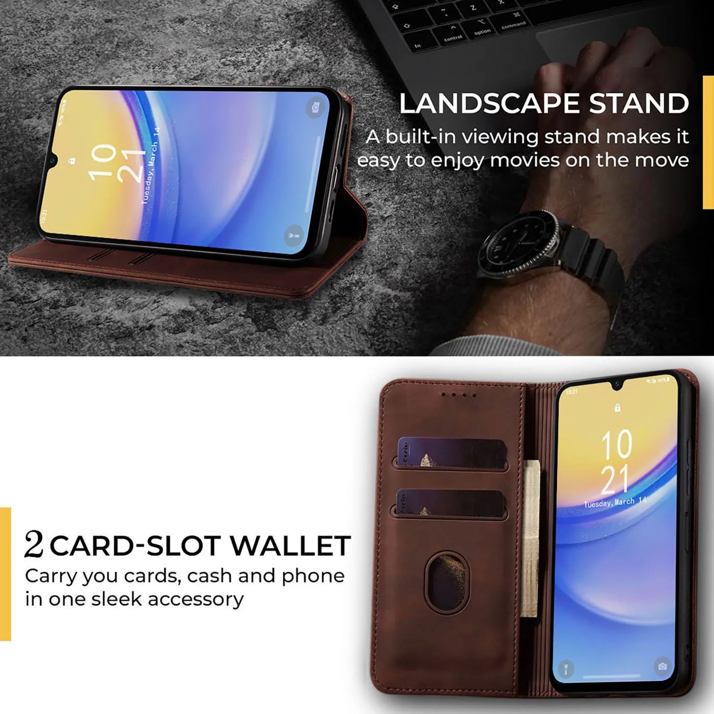 Brown Leather Flip Wallet Case for Samsung Galaxy A14 4G / 5G – Rugged Magnetic