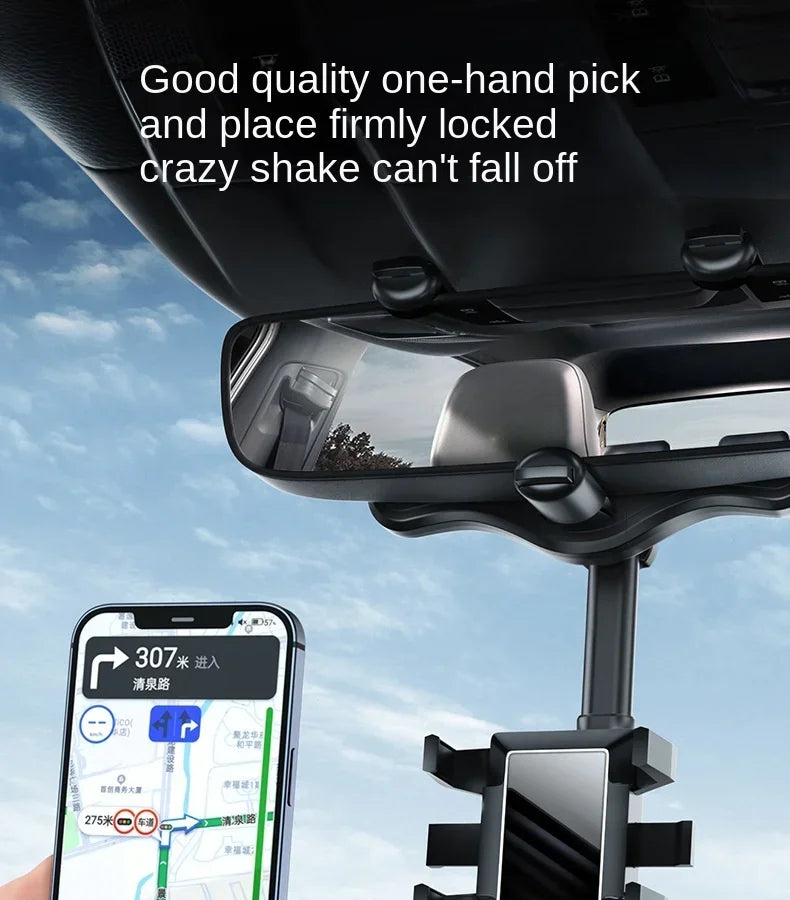 360° Rotation Rearview Mirror Phone Mount – Stable Gripper Car Bracket for GPS/Navi, Compatible with iPhone, Samsung, Xiaomi