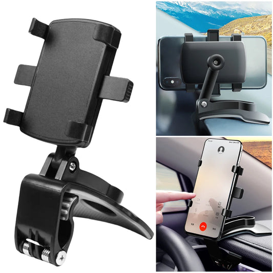 360° Car Phone Mount – Rotating Rearview Mirror/Nav Bracket, Dashboard Adjustable Spring Clip