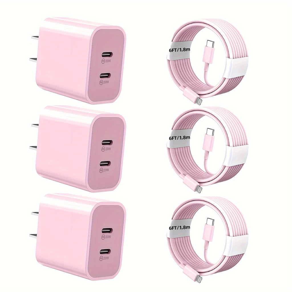 Fast Charge Kit for iPhone – 3-Pack 40W Dual USB-C Wall Chargers with 6ft Lightning Cables (12/13/11/XR/XS)