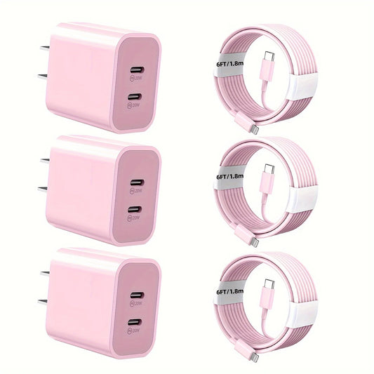 Fast Charge Kit for iPhone – 3-Pack 40W Dual USB-C Wall Chargers with 6ft Lightning Cables (12/13/11/XR/XS)
