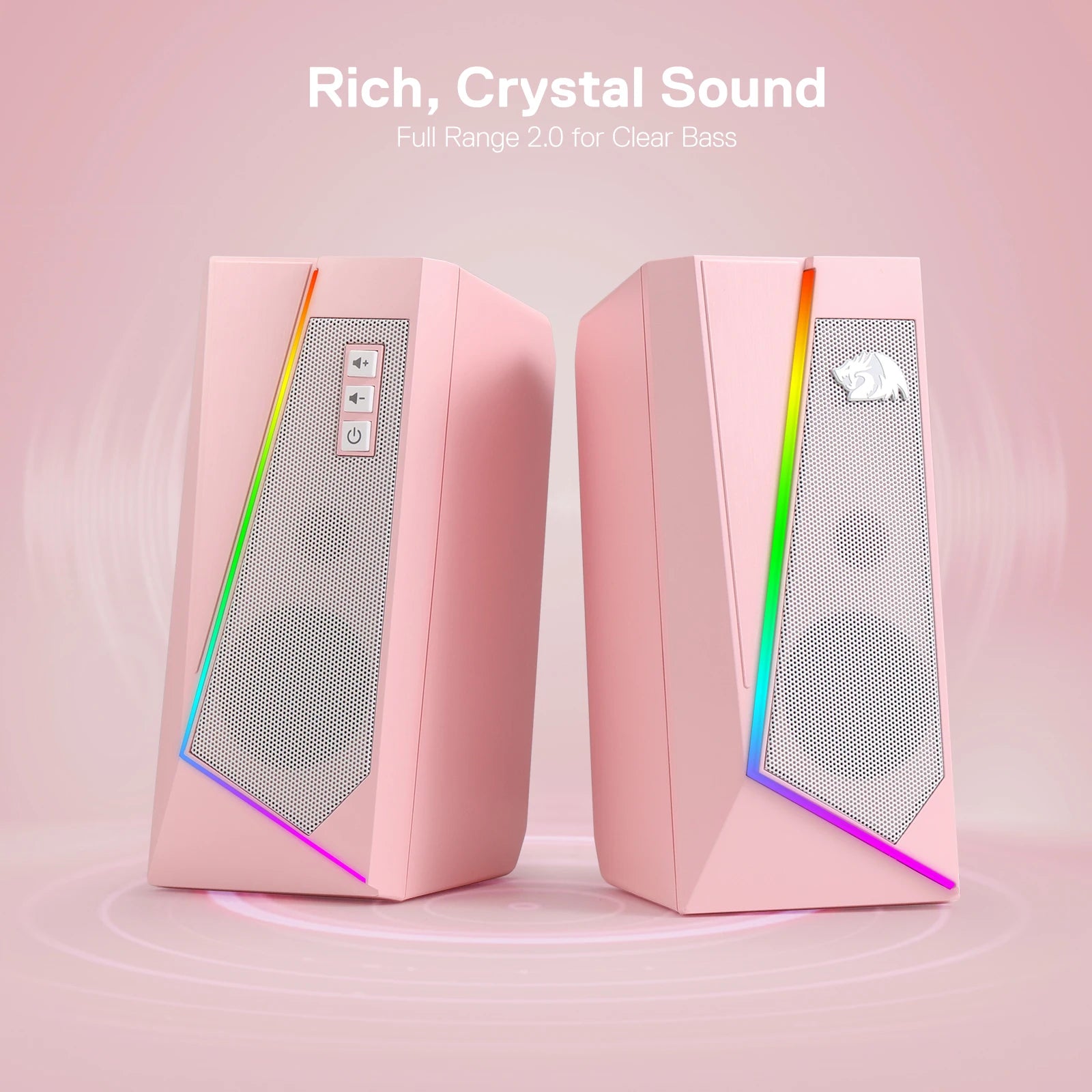 Redragon GS520 RGB PC Speakers – 2.0 Channel Desktop Audio with Six LED Modes, High-Quality Stereo Sound (White/Pink)