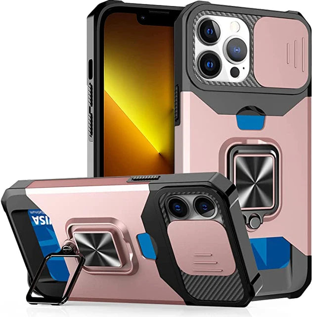 Rugged Protective Case for iPhone 17/16/15/14/13/12 Pro/Max/Plus/8/7 Plus Mini — Sliding Camera Shield & Card Holder Clip