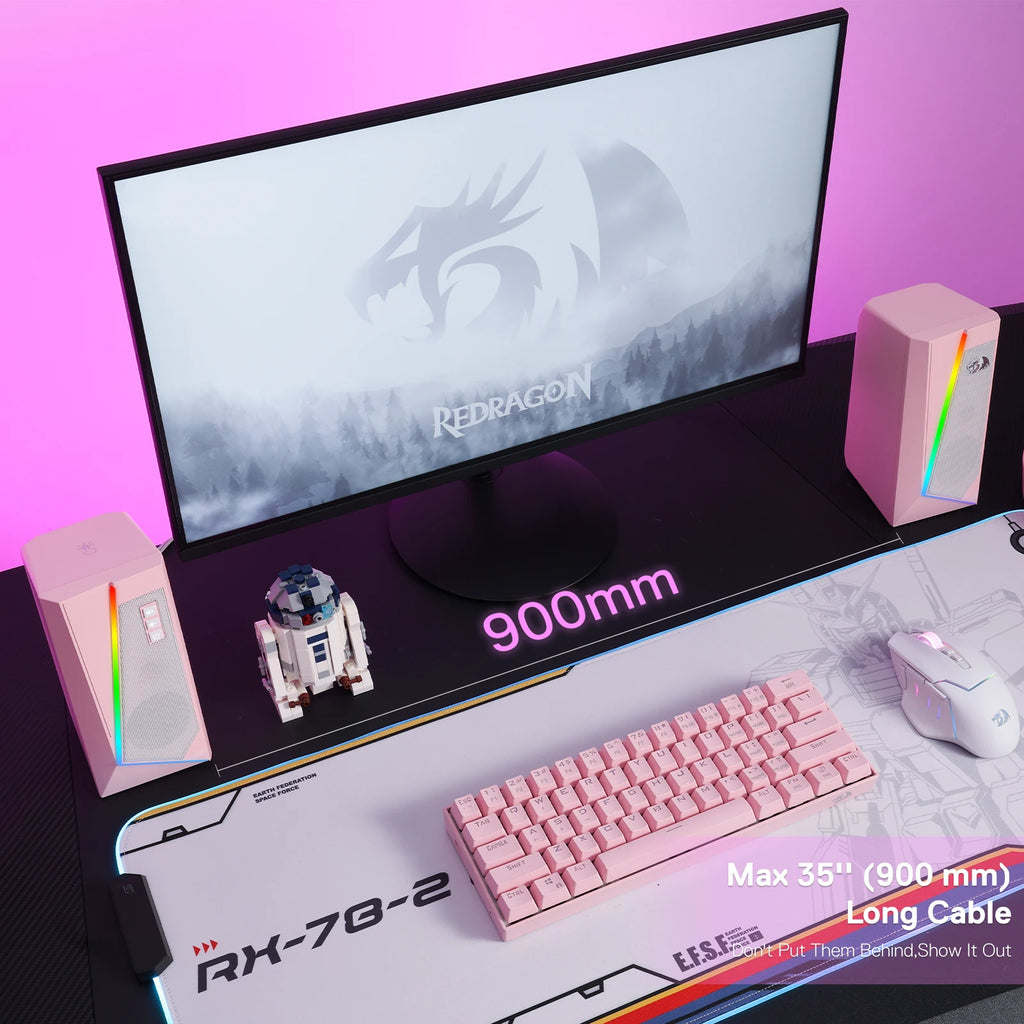 Redragon GS520 RGB PC Speakers – 2.0 Channel Desktop Audio with Six LED Modes, High-Quality Stereo Sound (White/Pink)