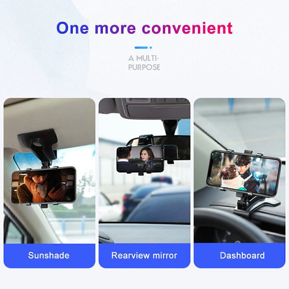 360° Car Phone Mount – Rotating Rearview Mirror/Nav Bracket, Dashboard Adjustable Spring Clip