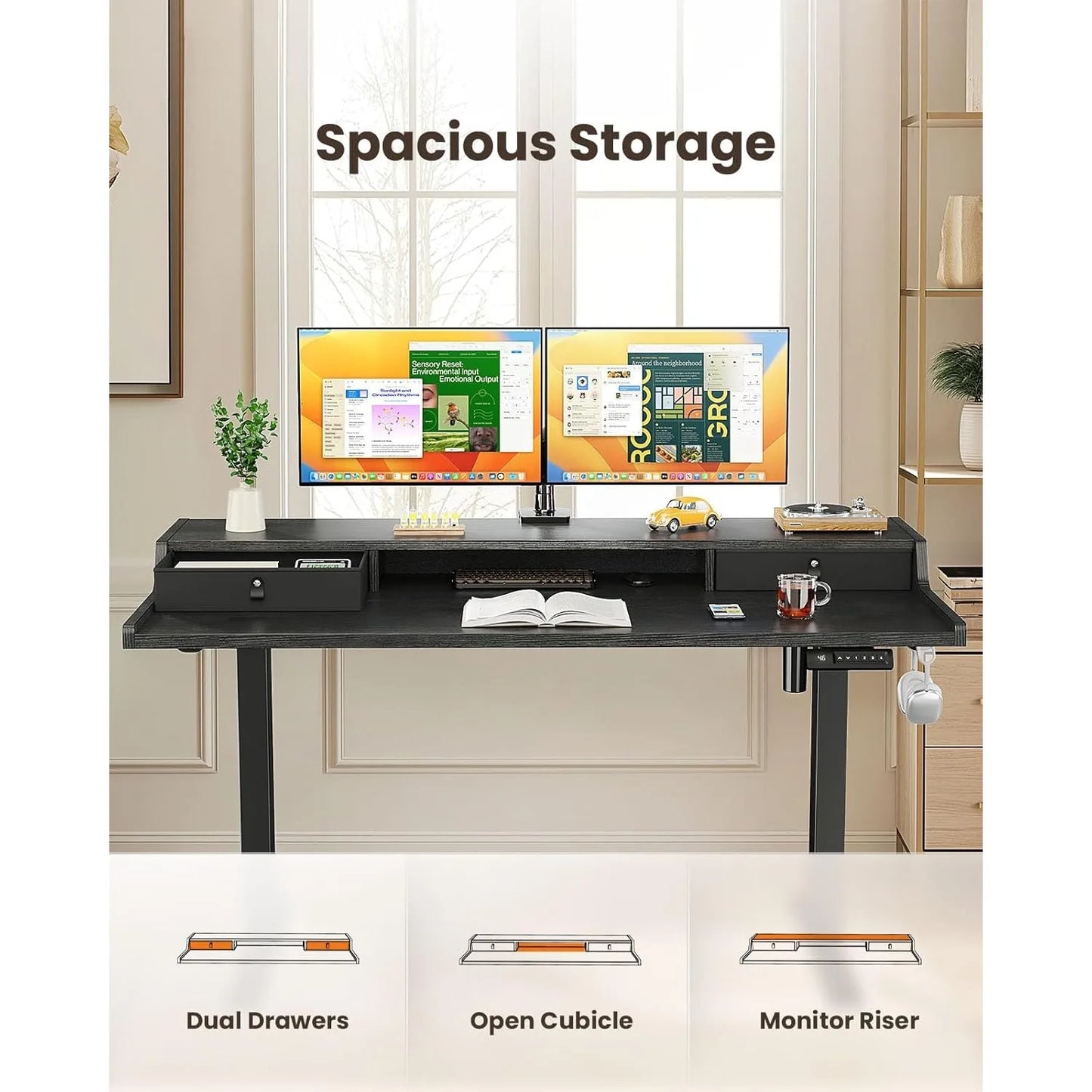 Electric Standing Desk with Drawers – 40" x 24" Small Gaming Desk | Monitor Stand Compatible | 4 Preset Heights | Black