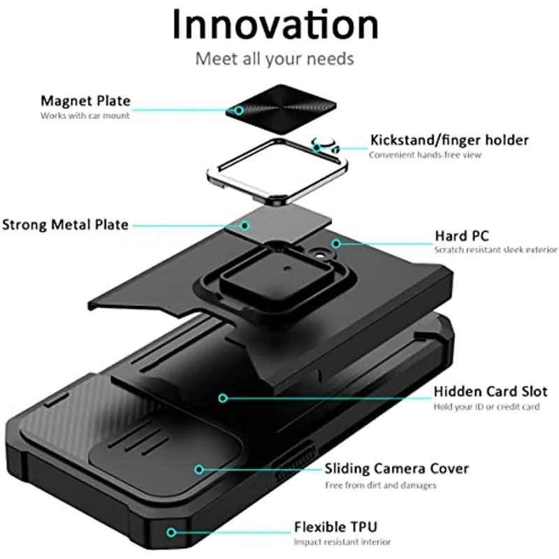 Rugged Protective Case for iPhone 17/16/15/14/13/12 Pro/Max/Plus/8/7 Plus Mini — Sliding Camera Shield & Card Holder Clip