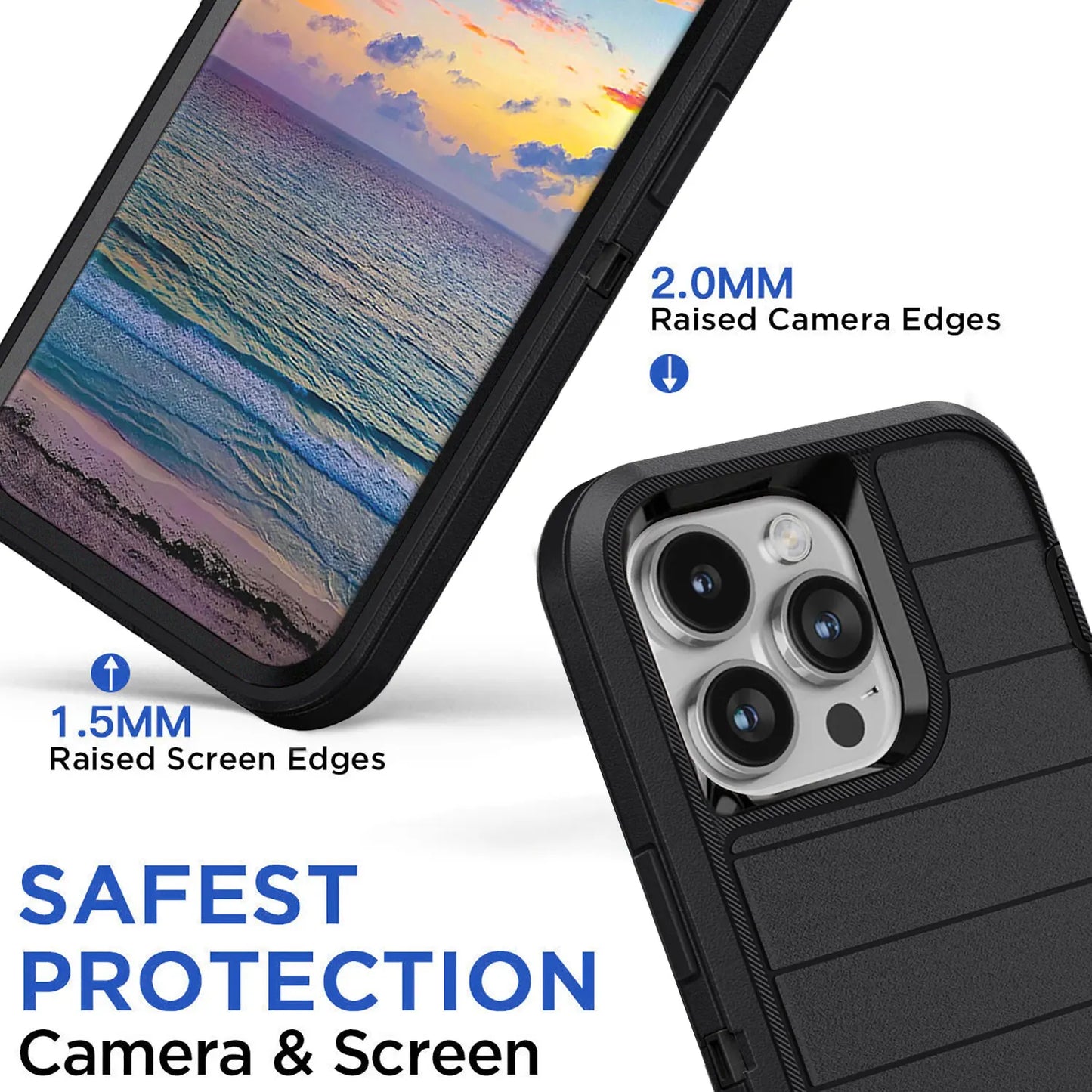 Black 3-Layer Heavy Duty Protective Phone Case for iPhone 15 / 15 Plus / 15 Pro / 15 Pro Max 5G