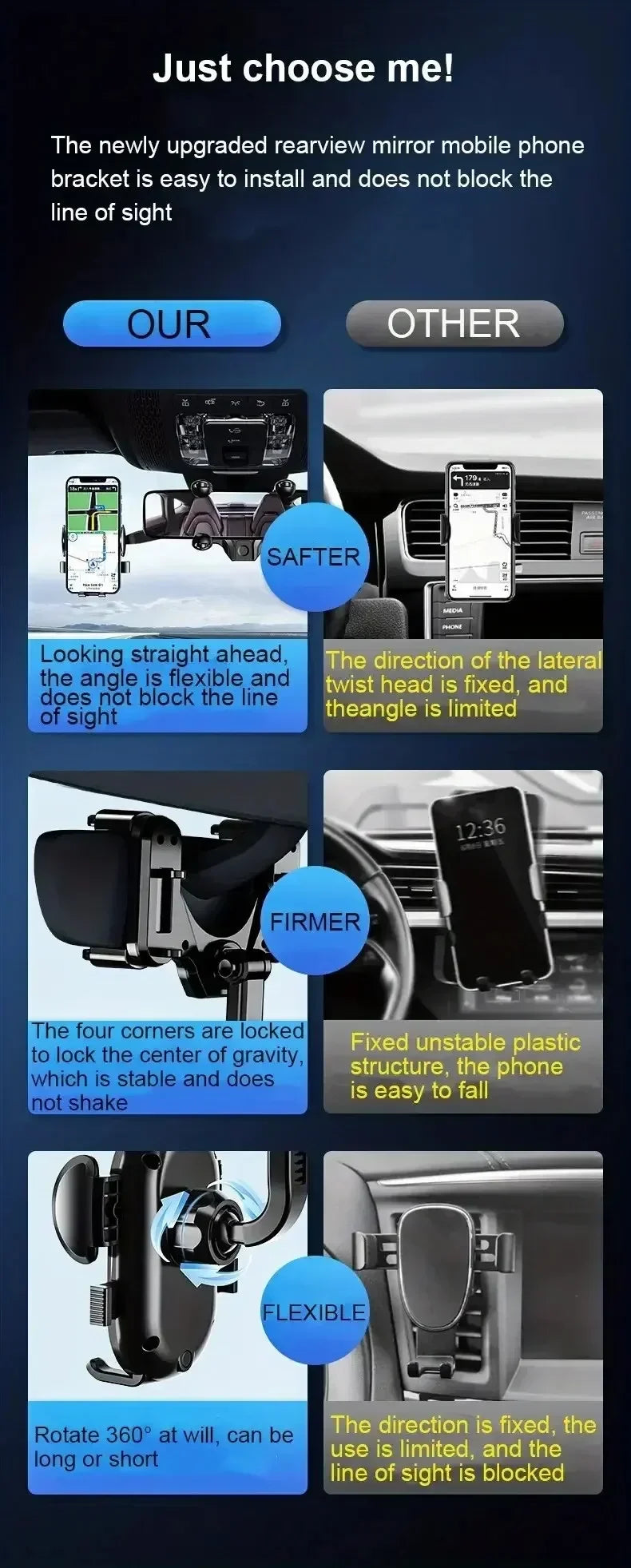 360° Rotating Car Phone Holder – Rearview Mirror Mount, Foldable GPS & Navigation Support, In-Car Mobile Bracket