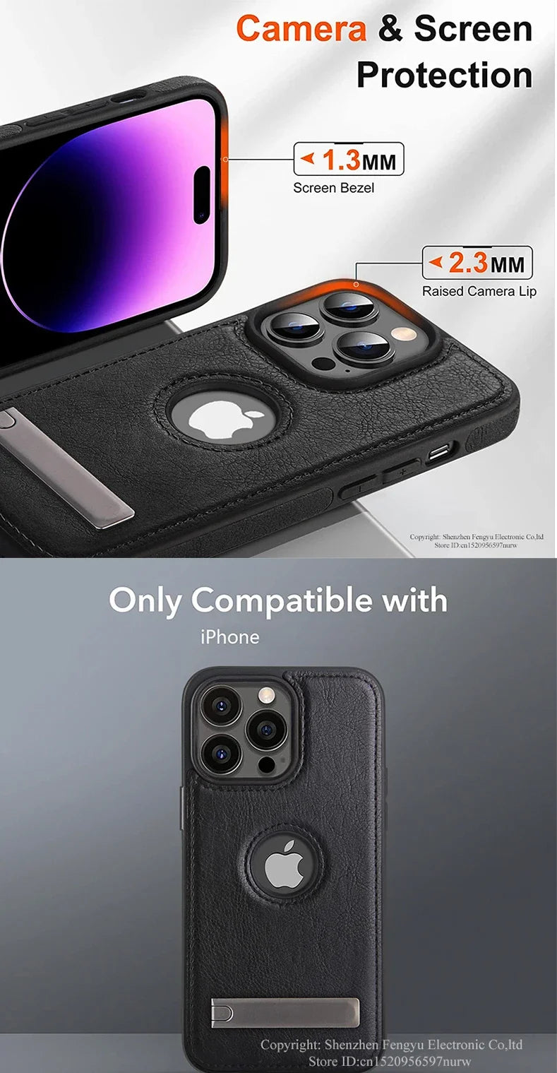 Leather Kickstand Phone Case for iPhone 15 / 13 Pro Max / 14 Plus / 12 / 11 – Shockproof, Flexible, Soft-Grip Luxury Back Cover