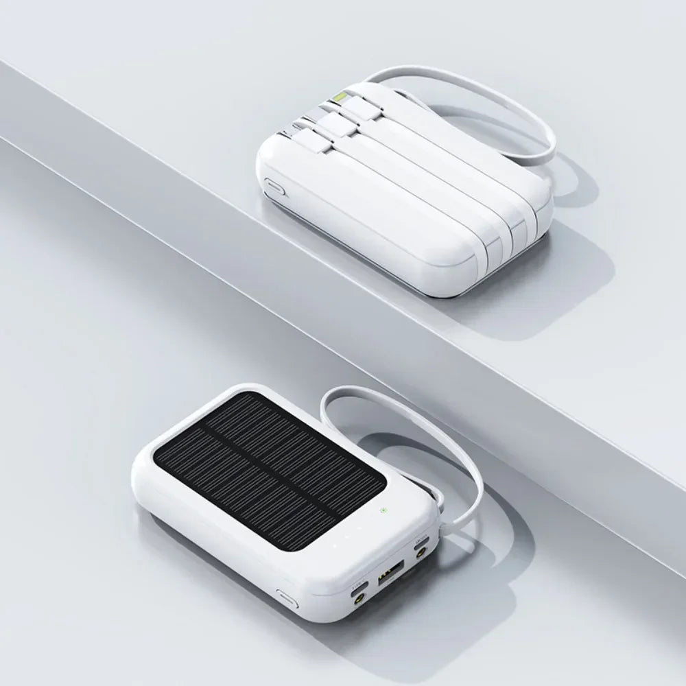 High-Capacity Fast Charge Power Bank 10000mAh – 3 Integrated Cables, Outdoor Portable Charger with Solar Cells, Mini External Battery Pack