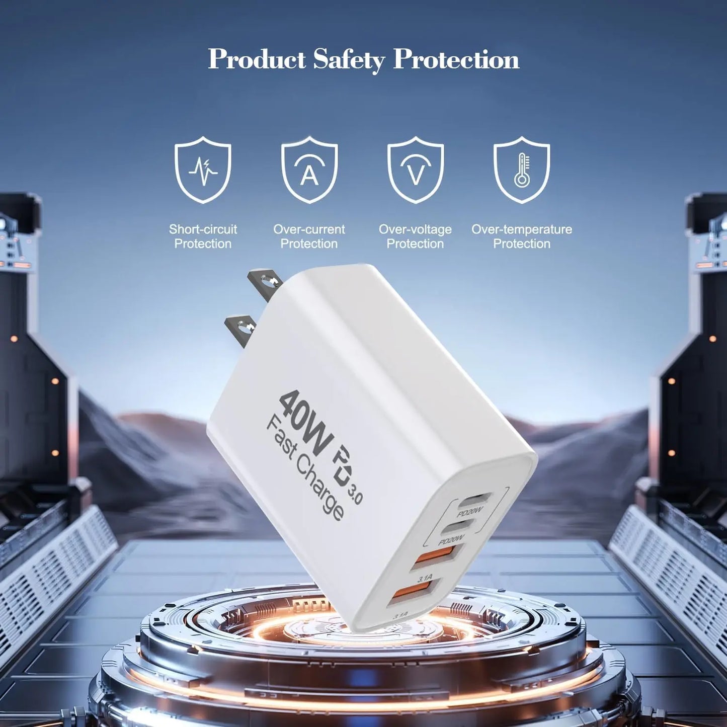 4-Port Fast USB Wall Charger (40W) with PD & QC – Multiport USB Block for iPhone, iPad, and More