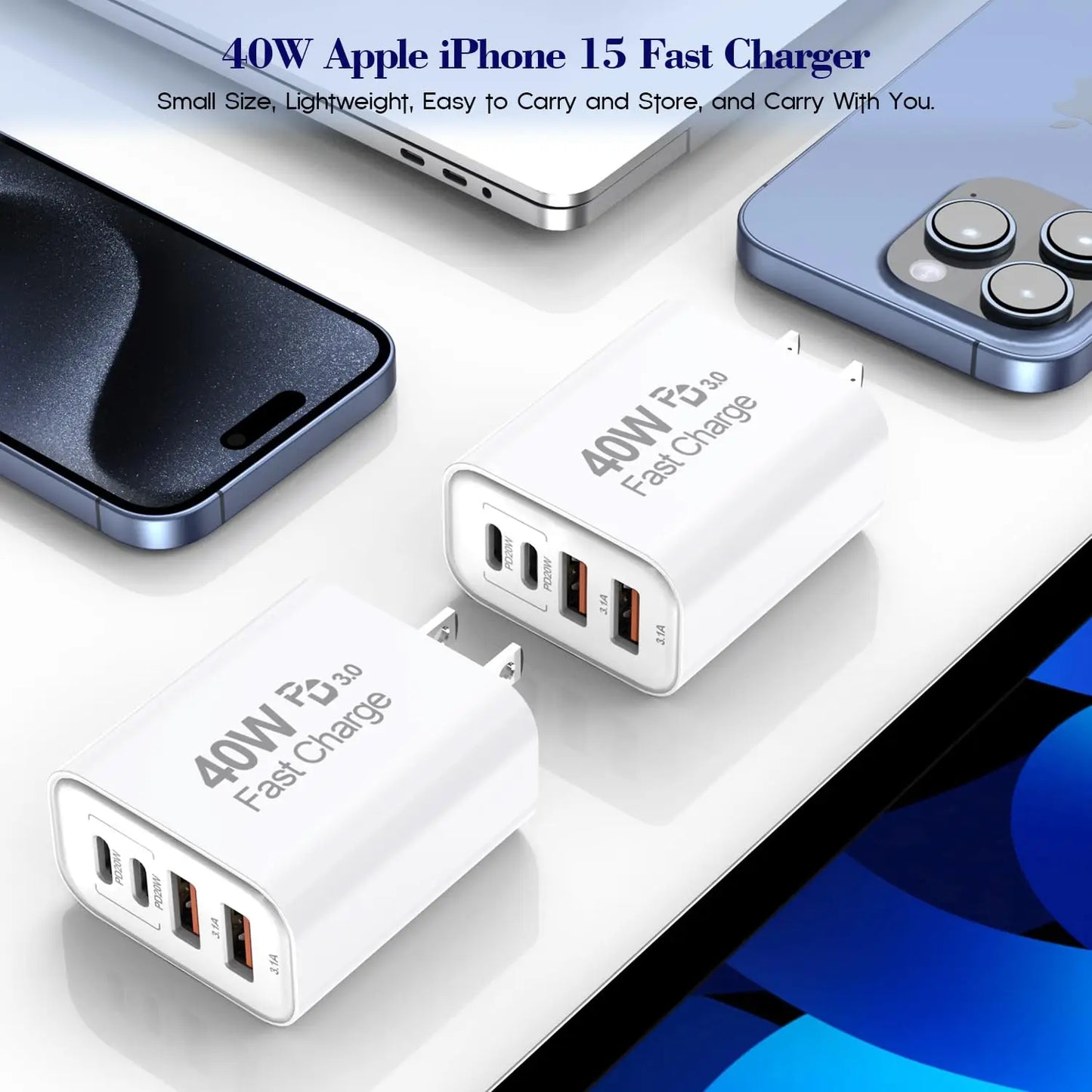 4-Port Fast USB Wall Charger (40W) with PD & QC – Multiport USB Block for iPhone, iPad, and More
