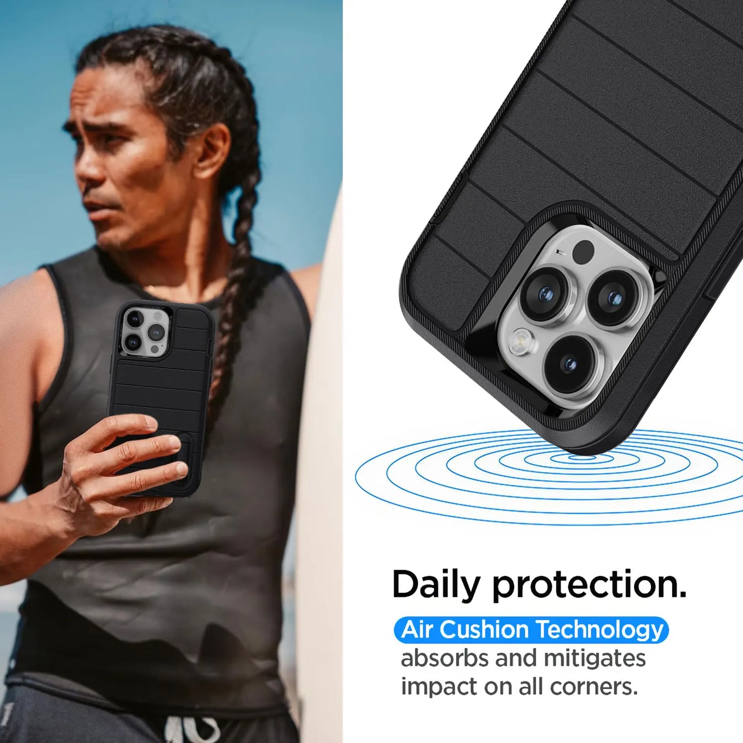 Black 3-Layer Heavy Duty Protective Phone Case for iPhone 15 / 15 Plus / 15 Pro / 15 Pro Max 5G