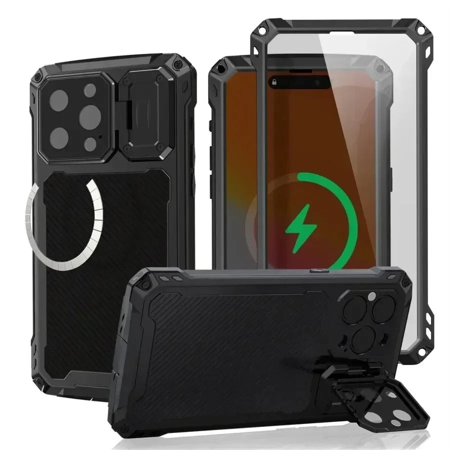 Aluminum Magnetic Shockproof Case for iPhone 16/15/Plus/14 Pro Max — Heavy-Duty Armor Cover with Screen Protector, Lens Stand