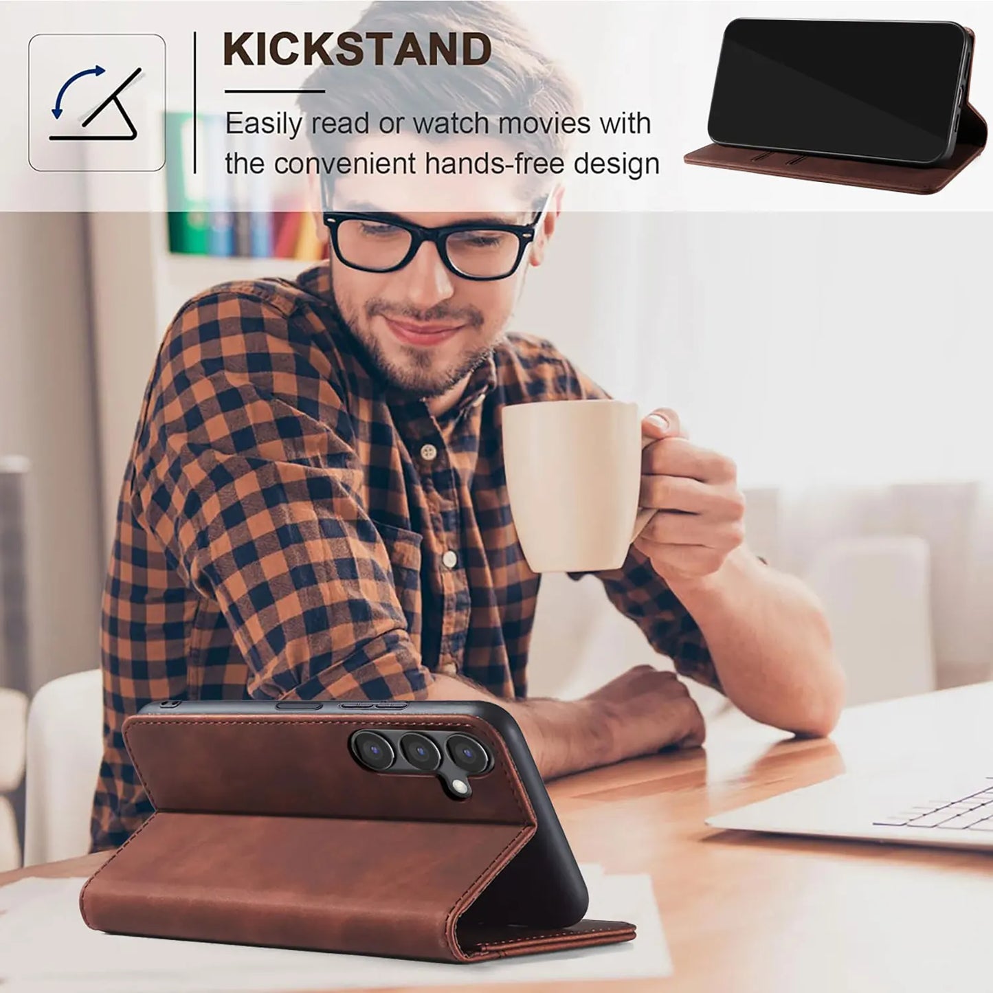 Brown Leather Flip Wallet Case for Samsung Galaxy A14 4G / 5G – Rugged Magnetic