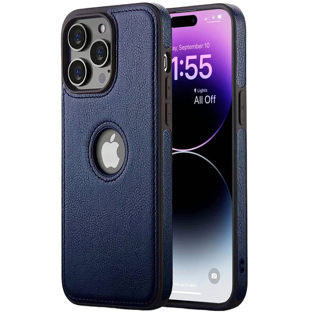 Slim Fit PU Leather Back Cover with Logo Hole for iPhone 16 / 16 Pro / 16 Pro Plus / 16 Pro Max – Soft Silicone Shockproof Protective Case