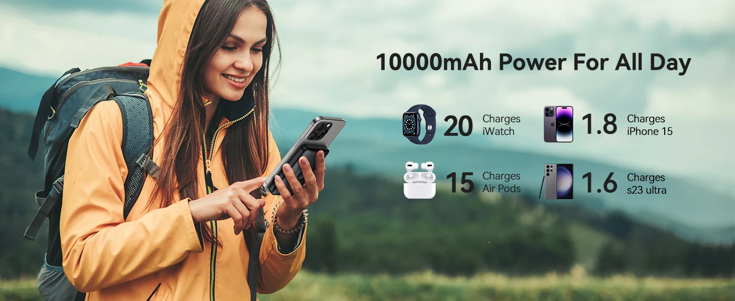 Magnetic Wireless Power Bank 10000mAh – Watch Charger for Apple Watch 4–9/Ultra 2 + iPhone 16/15 and Galaxy Devices, Battery Pack