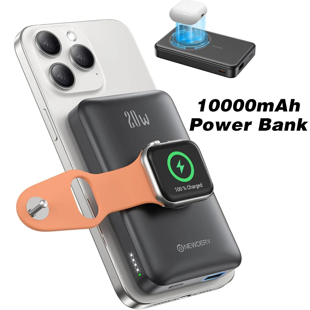 Magnetic Wireless Power Bank 10000mAh – Watch Charger for Apple Watch 4–9/Ultra 2 + iPhone 16/15 and Galaxy Devices, Battery Pack