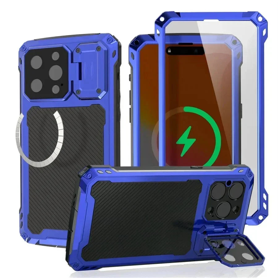 Aluminum Magnetic Shockproof Case for iPhone 16/15/Plus/14 Pro Max — Heavy-Duty Armor Cover with Screen Protector, Lens Stand