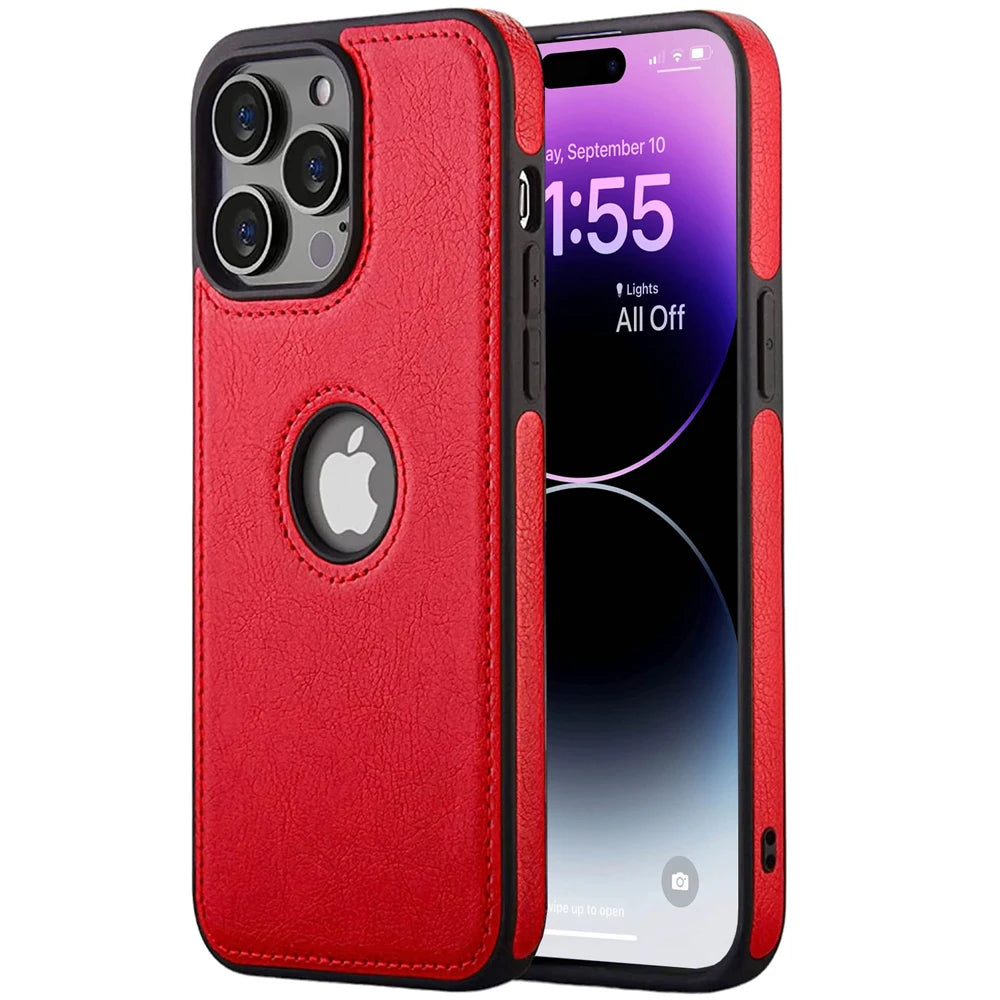 Slim Fit PU Leather Back Cover with Logo Hole for iPhone 16 / 16 Pro / 16 Pro Plus / 16 Pro Max – Soft Silicone Shockproof Protective Case