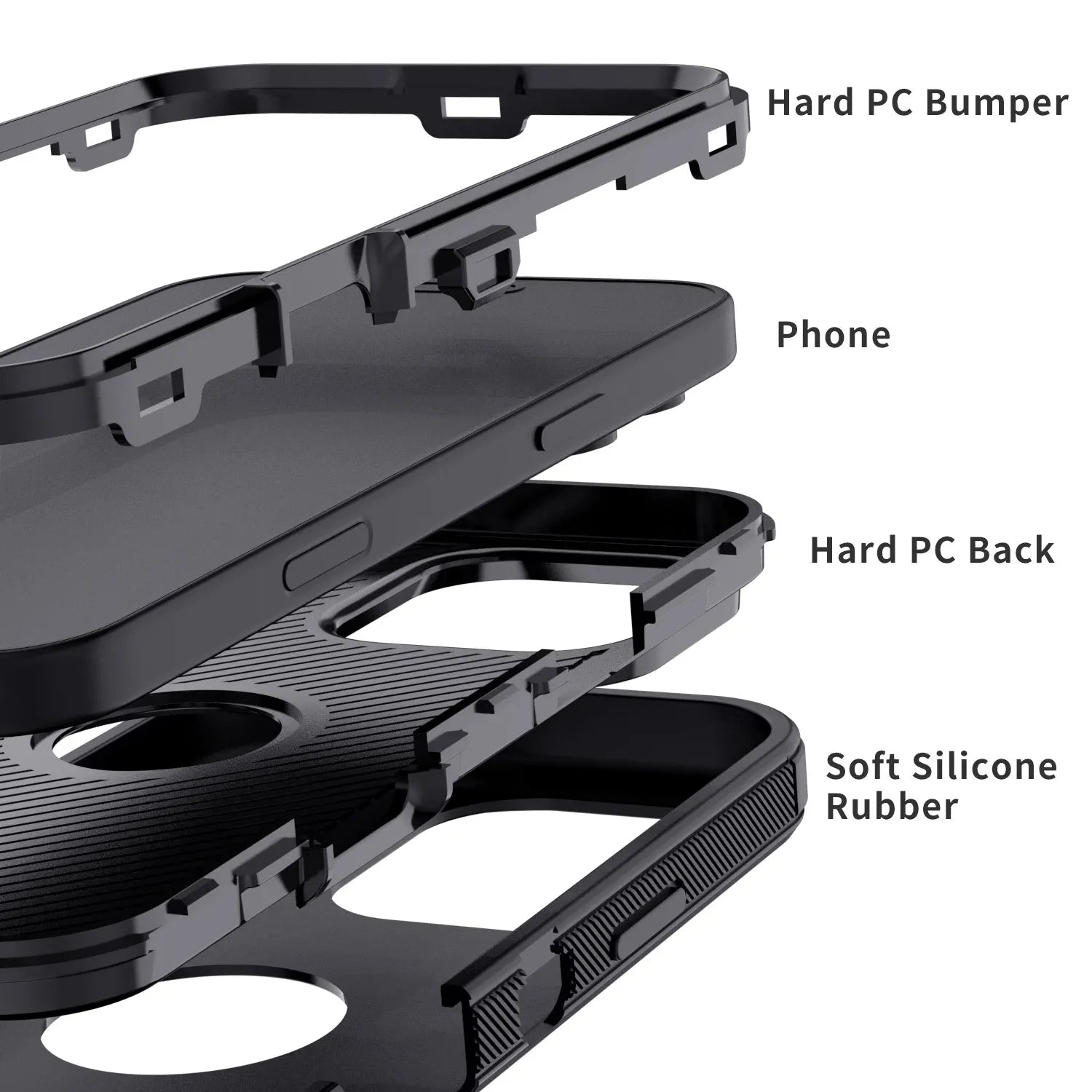 Black Heavy Duty Shockproof Phone Case for iPhone 16 Pro Max / 16 Plus / 16 Pro