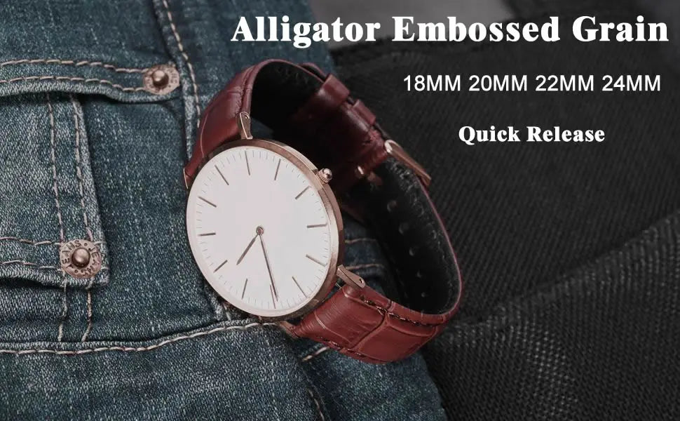 Quick Release Leather Watch Bands – 18mm/20mm/22mm/24mm Alligator Grain Calfskin Replacement Strap