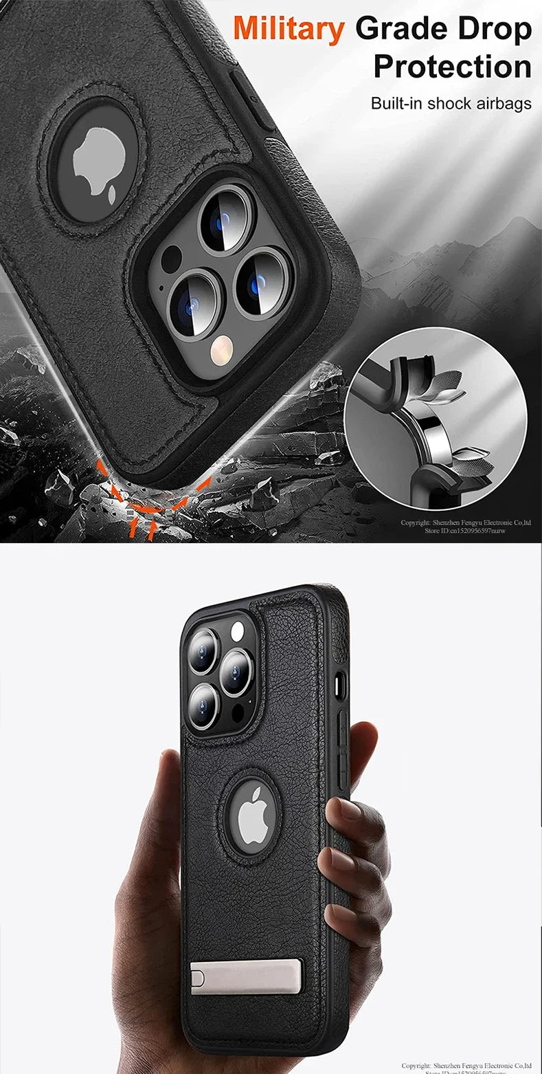 Leather Kickstand Phone Case for iPhone 15 / 13 Pro Max / 14 Plus / 12 / 11 – Shockproof, Flexible, Soft-Grip Luxury Back Cover