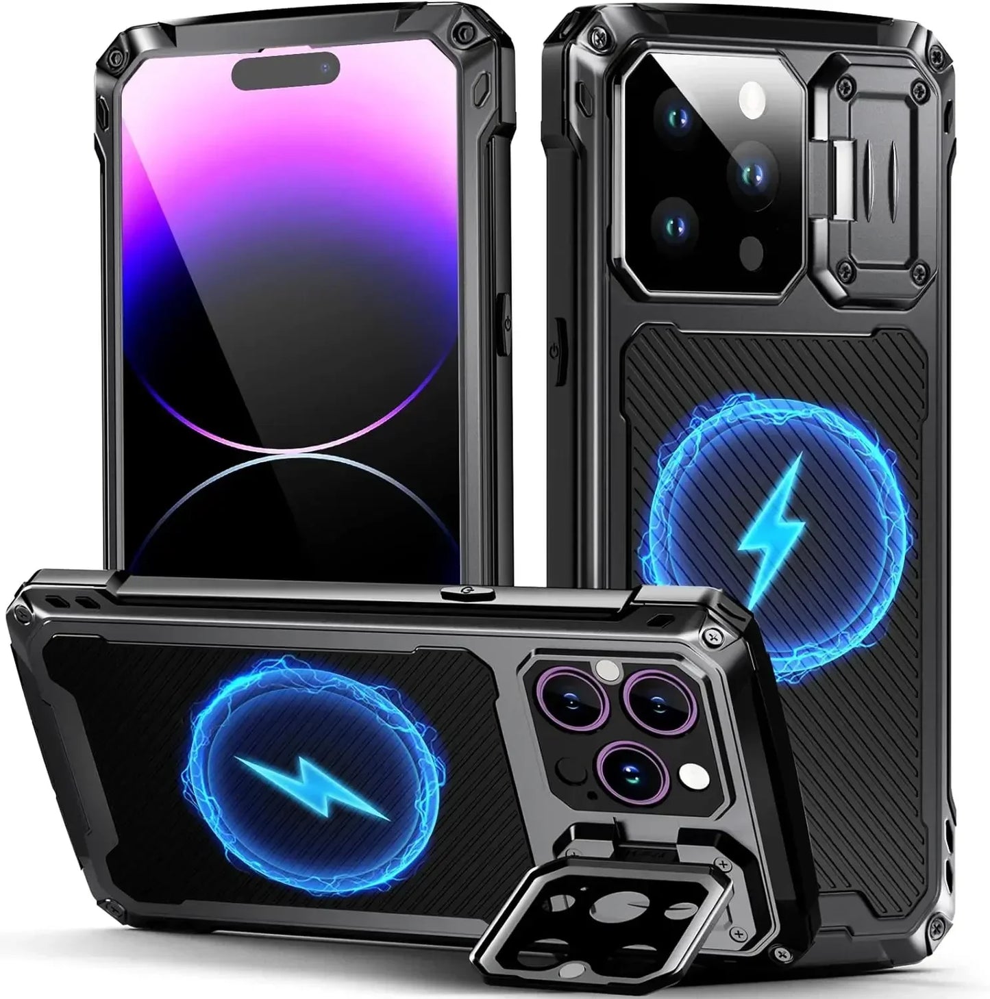Aluminum Magnetic Shockproof Case for iPhone 16/15/Plus/14 Pro Max — Heavy-Duty Armor Cover with Screen Protector, Lens Stand